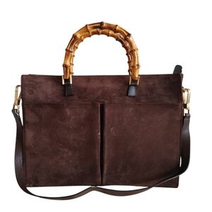 Gucci Brown Suede & Leather Bamboo Satchel Shoulder Bag